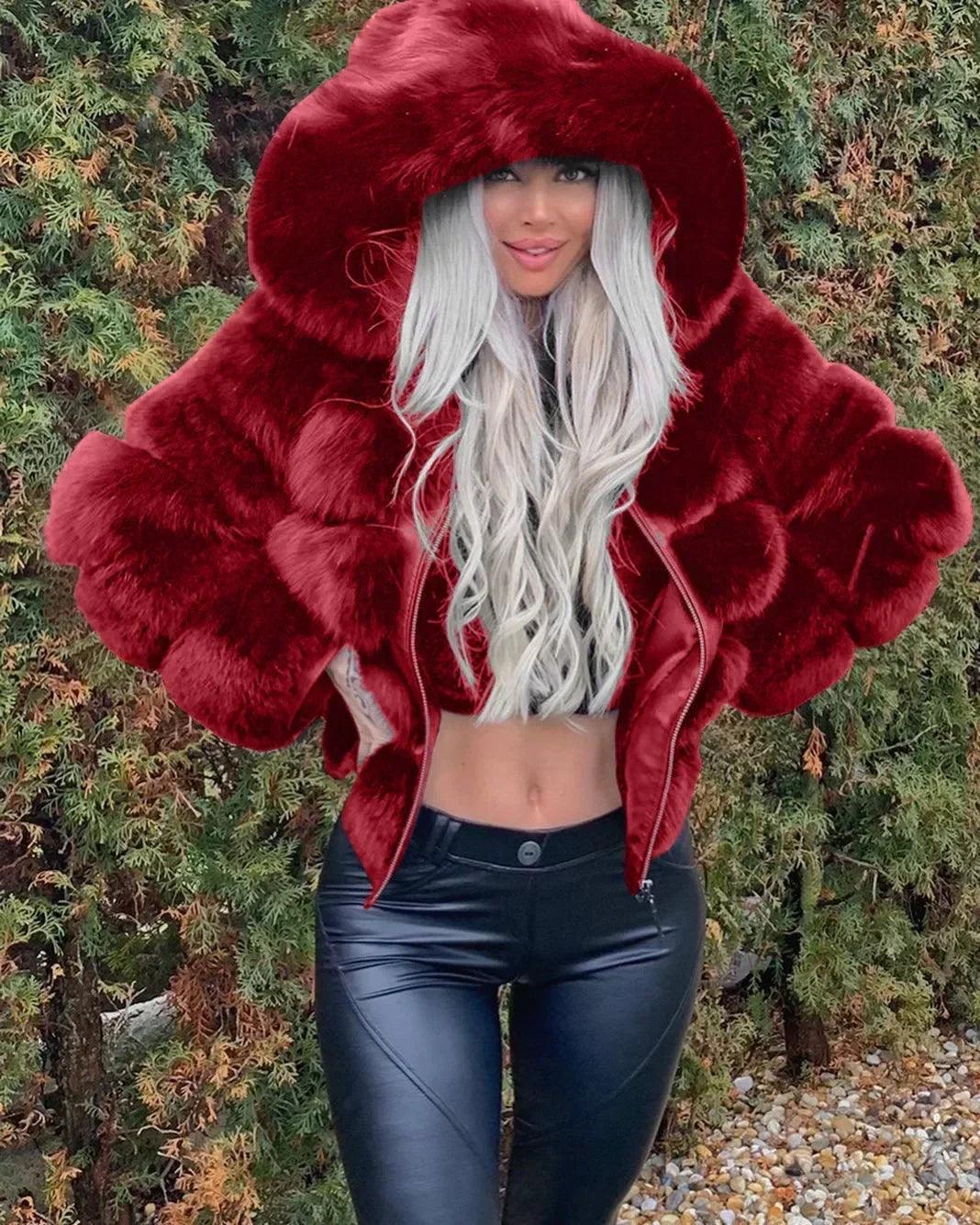 Autumn Winter Women Fashion Long Sleeve Solid Color Faux Fur Coat Hooded Warm Coat - NTKSTORE