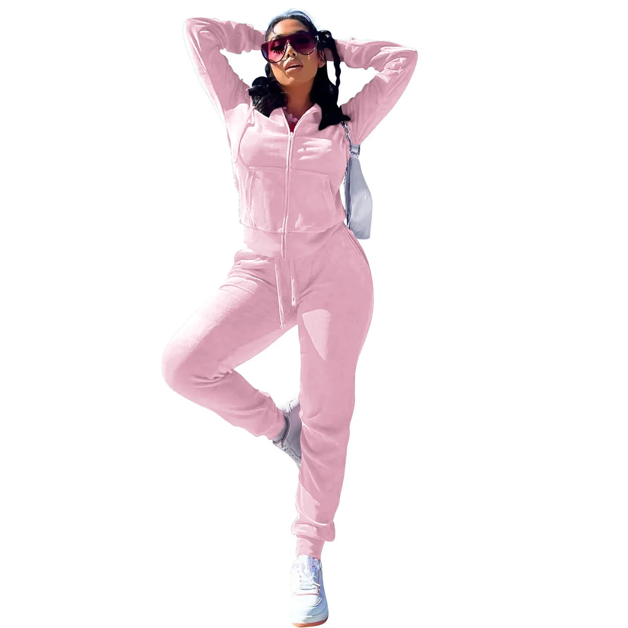 Womens Warm 2 Piece Outfits Velour Tracksuits Full Zip Hoodie And Drawstring Sweatpants Sweatsuits Sets Velvet Jogging Suit - NTKSTORE