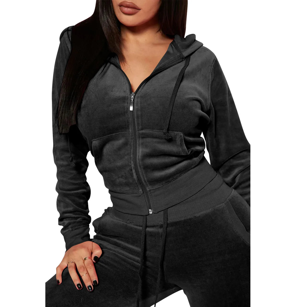 Womens Warm 2 Piece Outfits Velour Tracksuits Full Zip Hoodie And Drawstring Sweatpants Sweatsuits Sets Velvet Jogging Suit - NTKSTORE