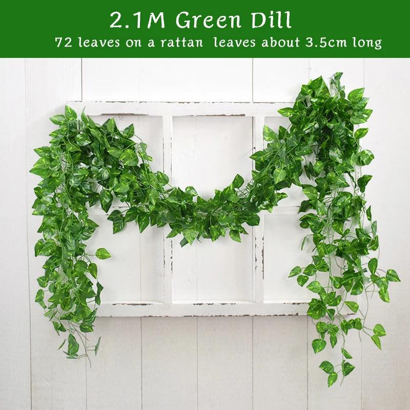 2.1M Artificial Plant Green Ivy Leaf Garland Silk Wall Hanging Vine Home Garden Decoration Wedding Party DIY Fake Wreath Leaves - NTKSTORE