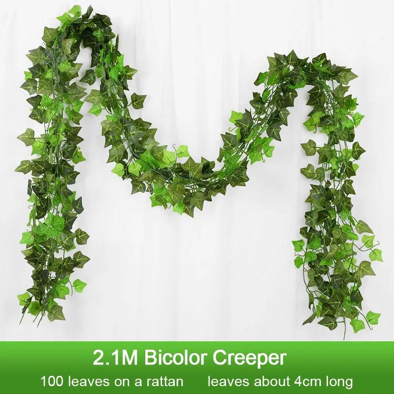 2.1M Artificial Plant Green Ivy Leaf Garland Silk Wall Hanging Vine Home Garden Decoration Wedding Party DIY Fake Wreath Leaves - NTKSTORE