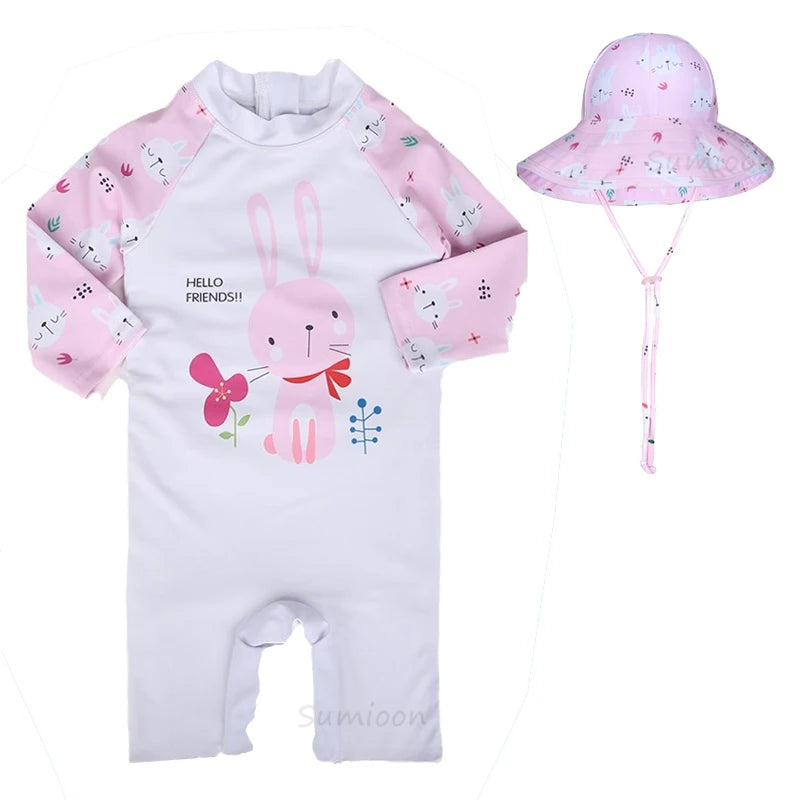 Baby Girls Swimsuit Long Sleeves One Piece Swimwear for Kids Toddler Cartoon UPF50+ Rash Guards Infant Bathing Suit Korea Sets