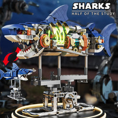 Mechanical Shark Building Set, Shark Sea Life Building Blocks Set with Display Stand and Lights, Block Gift for Kids and Adults