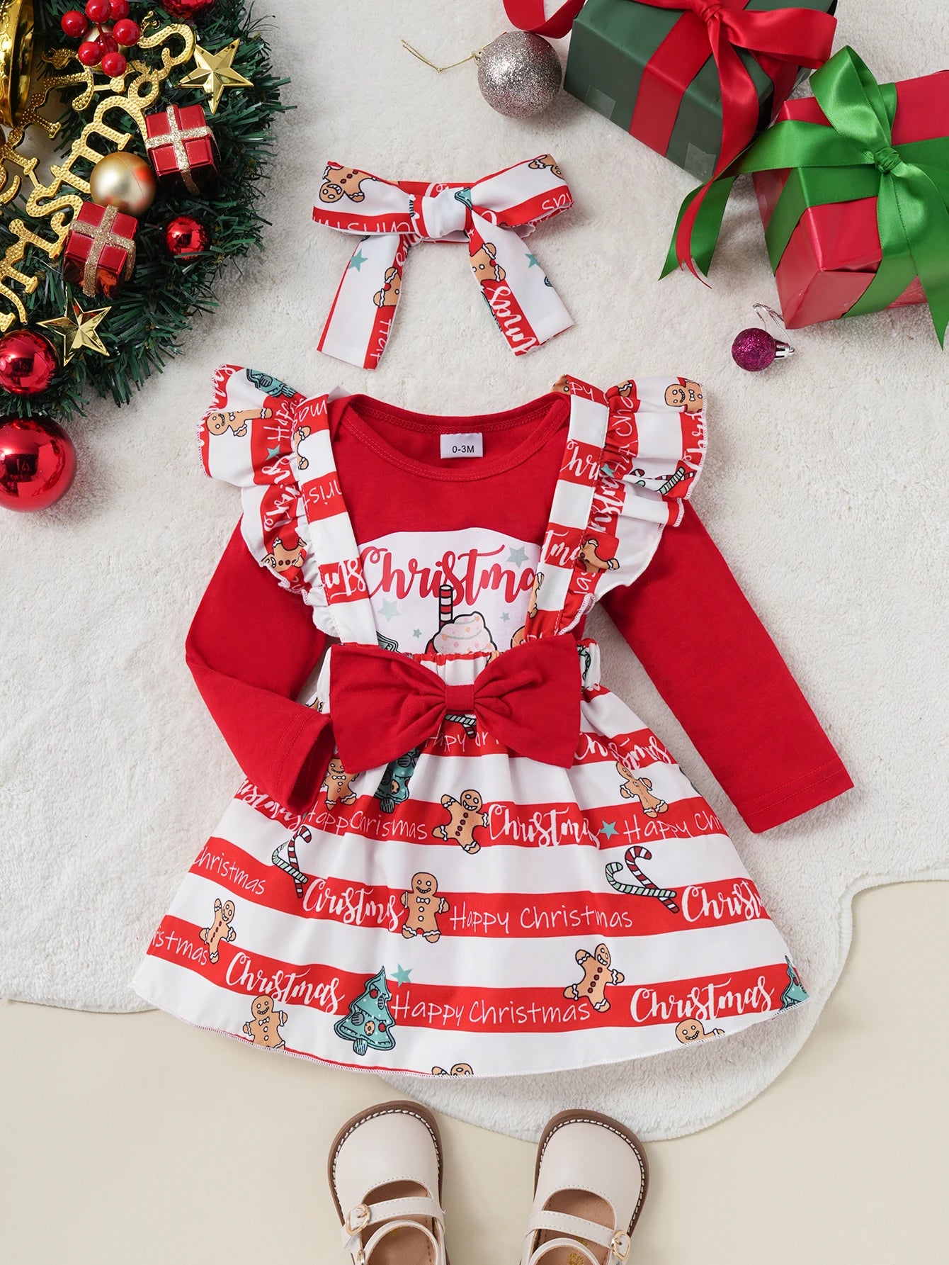 Girls Christmas Cute fashion Cartoon Striped Ruffled Cross Strap Skirt with Printed One-piece Triangle Clothes and Headscarf 3-piece Set