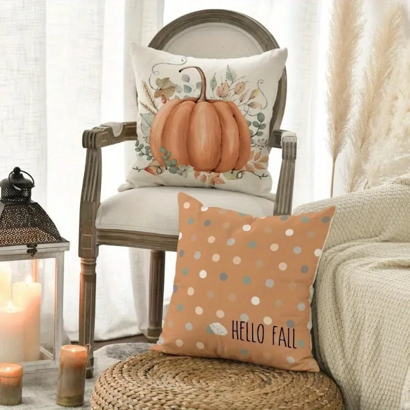 Hello Fall Hello Pumpkin Throw Pillow Covers, Autumn Thanksgiving Harvest Orange Eucalyptus Decorations for Sofa Couch Set of 4 - NTKSTORE