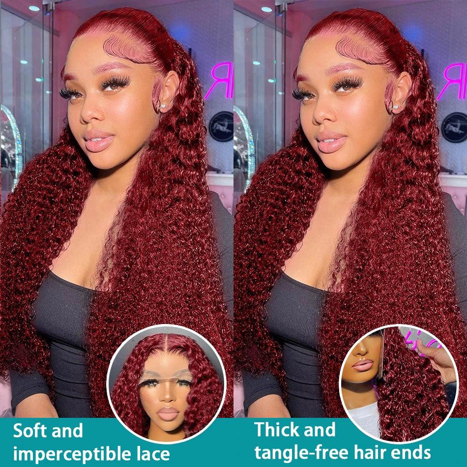 250 Density 30 40 Inch 99J Burgundy Deep Wave 13x4 Lace Front Human Hair Wig 13x6 Lace Frontal Red Curly Wigs Remy For Women - NTKSTORE