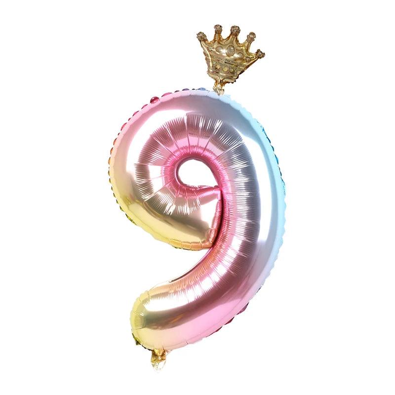 2pcs 32inch Rainbow Number Foil Balloons with Crown for Kids Boy Girl 1st Birthday Party Decorations Rose Gold Figures Globos - NTKSTORE