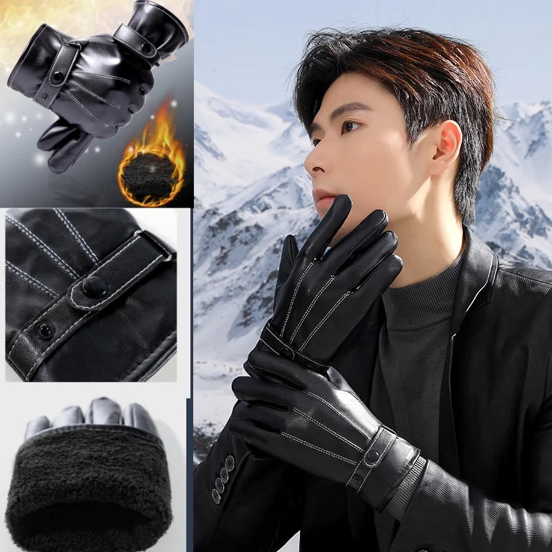 Winter Cycling PU Leather Gloves Outdoor Men Women Motorcycle Waterproof Warm Thick Riding Electric Car Warm Non-Slip Gloves - NTKSTORE