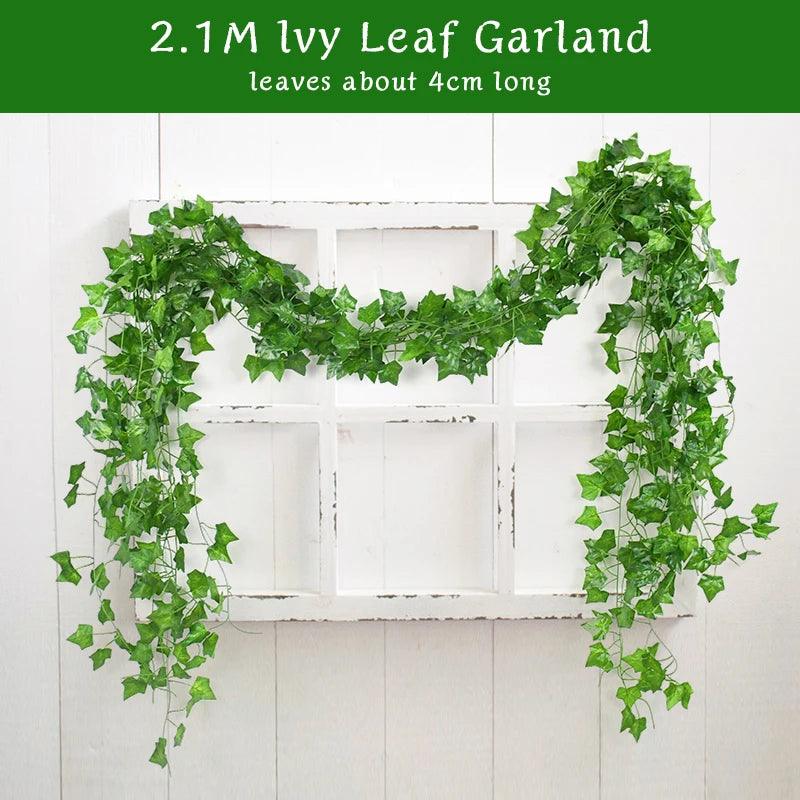 2.1M Artificial Plant Green Ivy Leaf Garland Silk Wall Hanging Vine Home Garden Decoration Wedding Party DIY Fake Wreath Leaves - NTKSTORE