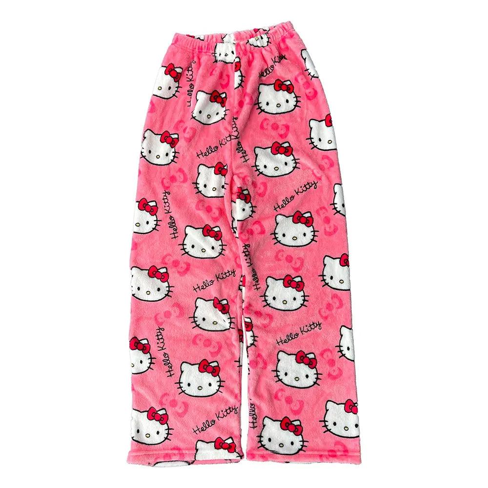 Sanrio Hello Kitty Flannel Pajamas Black Women'S Warm Woolen Cartoon Casual Home Pants In Autumn Winter Fashion Trousers - NTKSTORE