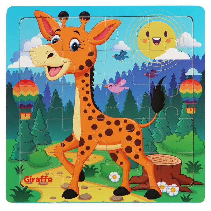 New 20 Piece Wooden 3d Puzzle Cartoon Animal Vehicle Jigsaw Puzzle Montessori Educational Toys For Kids Baby 1 2 3 Years - NTKSTORE