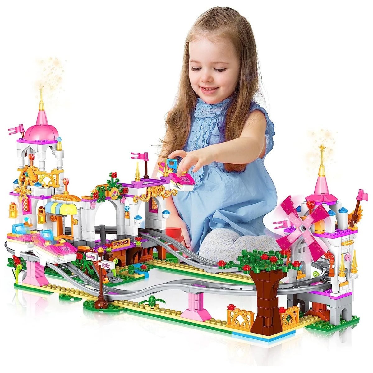 Roller Coaster Building Kit 711Pcs Amusement Park Building Block Kit Princess Playground Park Pink Toy Christmas Gift for Girls - NTKSTORE