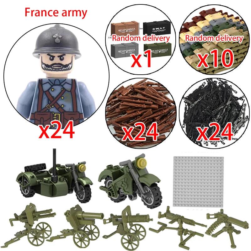 Children Toys Mini Military Figures Building Blocks WW2 UK French US Germany Soviet Army Soldiers Machine Gun Set Bricks Model - NTKSTORE