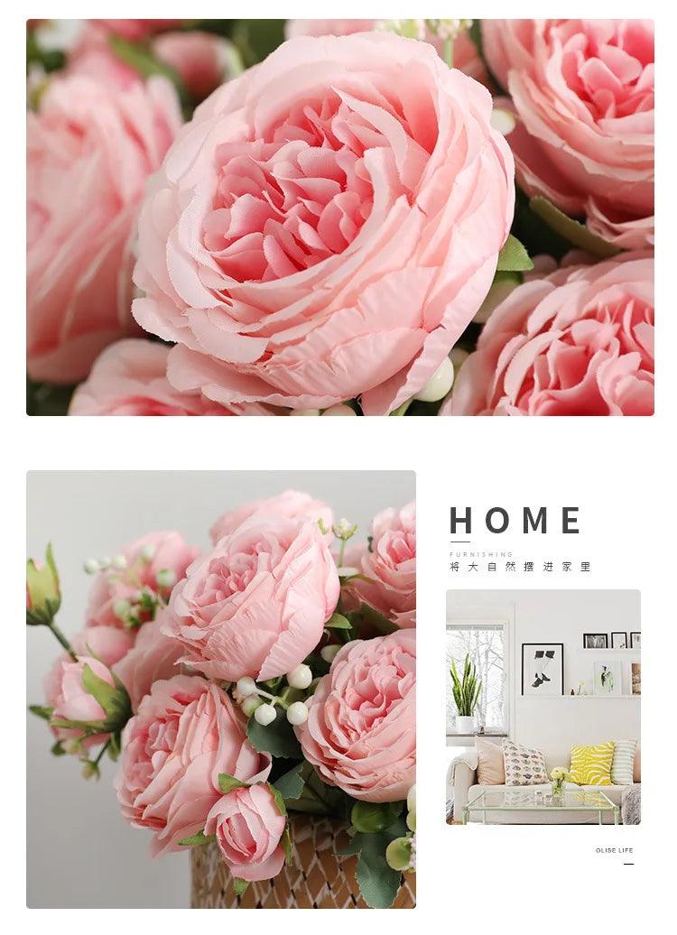 Hot Selling 1pcs/30cm Rose Pink Silk Bouquet Peony Artificial Flower 5 Big Head 4 Small Bud Bride Wedding Home Decoration Artifi - NTKSTORE