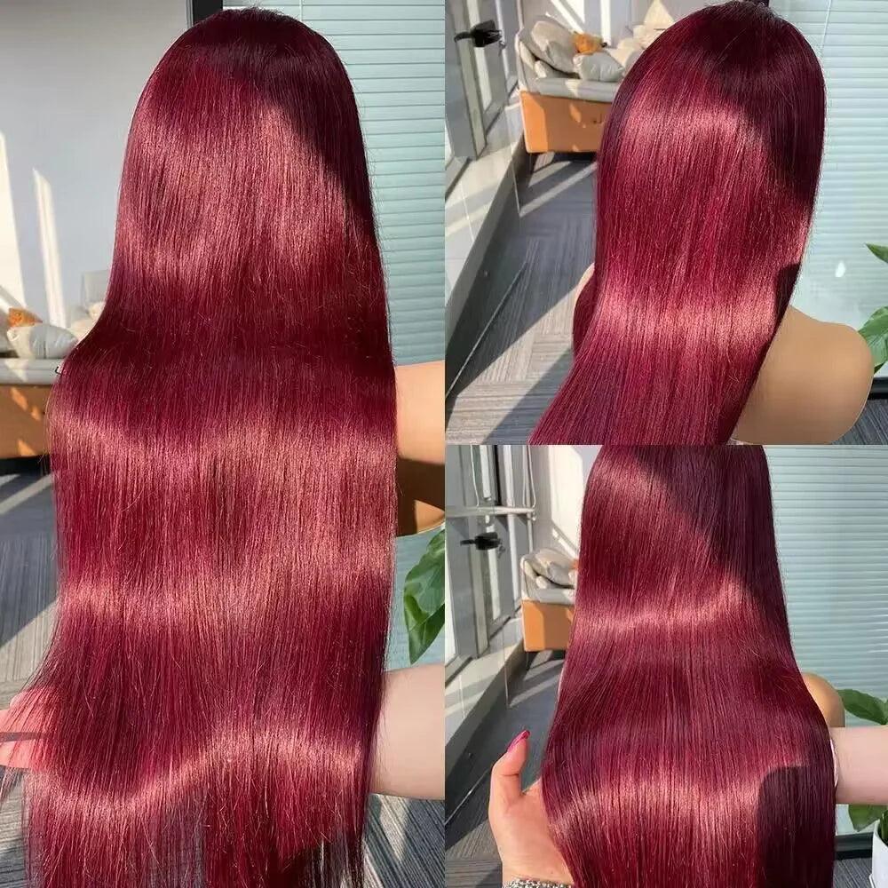 Burgundy 13x6 HD Lace Frontal Human Hair Wig Straight Red 13x4 Lace Front Human Hair Wigs For Women 99J Colored 200 High Density - NTKSTORE