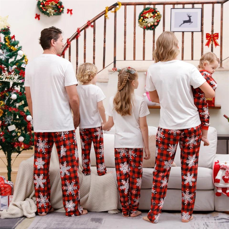 T-shirt + Plaid Pants Parent Child Christmas Pajama Set Women Men Boy Girl Loungewear Sibling Couple Pajama Xmas Baby Jumpsuit - NTKSTORE