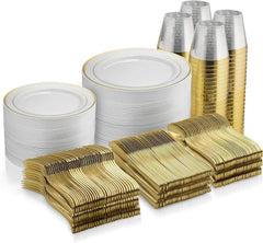 600 Piece Gold Plastic Dinnerware Set,Disposable-100 Rim 10 inch and 7 Inch Plates,300 Gold Silverware,100 Cups For 100 Guests - NTKSTORE