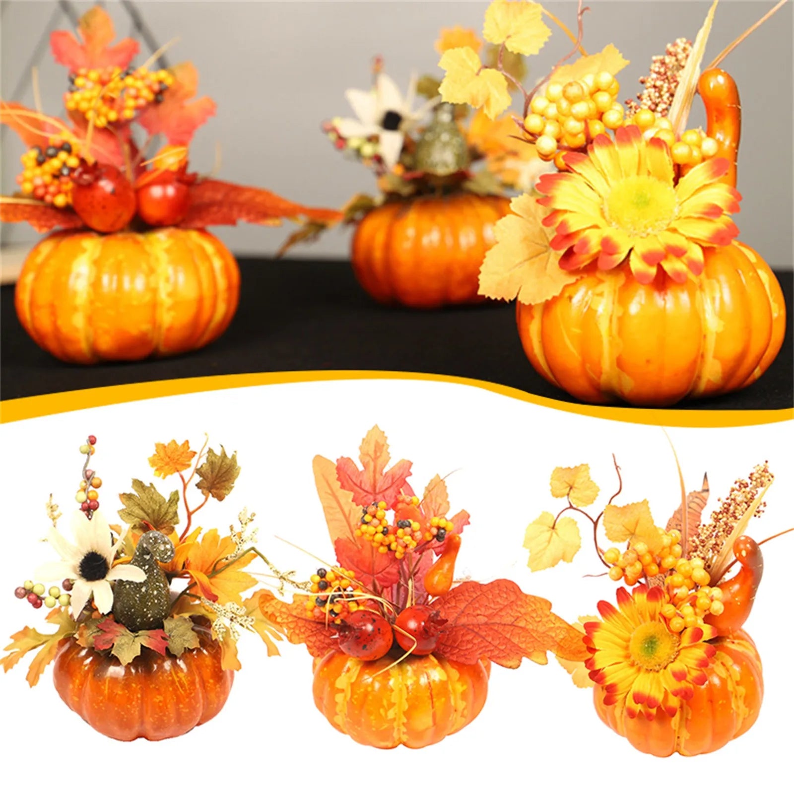 Fake Pumpkins With Artificial Flowers For Halloween House Party Thanksgiving Fall Ornaments Home Table Centerpiece Kitchen Decor - NTKSTORE