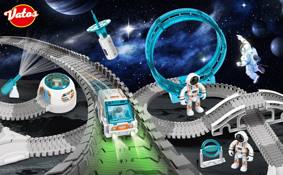 VATOS Create Space Track Toys for Kids DIY 205pcs Race Car Playset with Projector Astronaut Train Set STEM Educate Birthday Gift