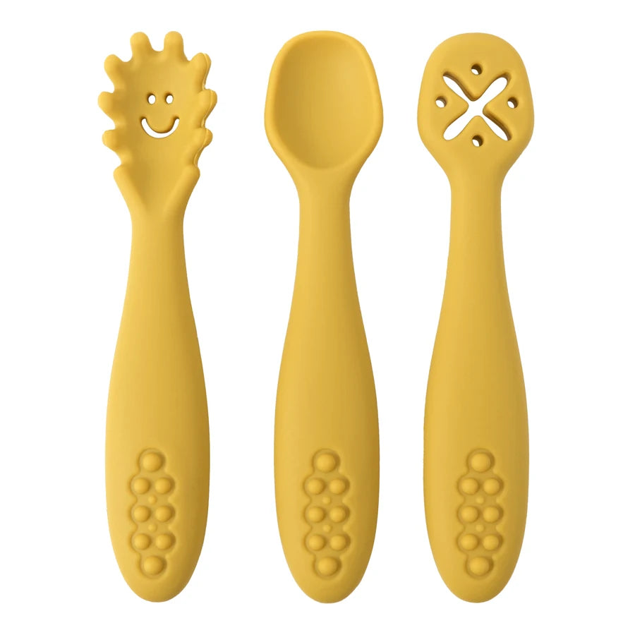 3PCS Kawaii Baby Learning Spoons Utensils Set Toddler Feeding Tableware Baby Silicone Teether Toys Training Cutlery Baby Stuff - NTKSTORE