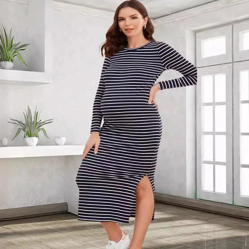 Women's Long-Sleeved Striped Round-Neck Maternity Dress, Sexy One-step Skirt, Casual Wear, Versatile, Spring, Summer - NTKSTORE