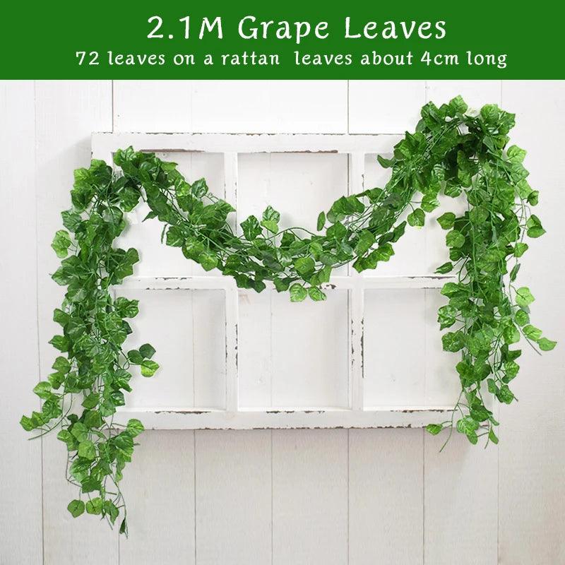 2.1M Artificial Plant Green Ivy Leaf Garland Silk Wall Hanging Vine Home Garden Decoration Wedding Party DIY Fake Wreath Leaves - NTKSTORE