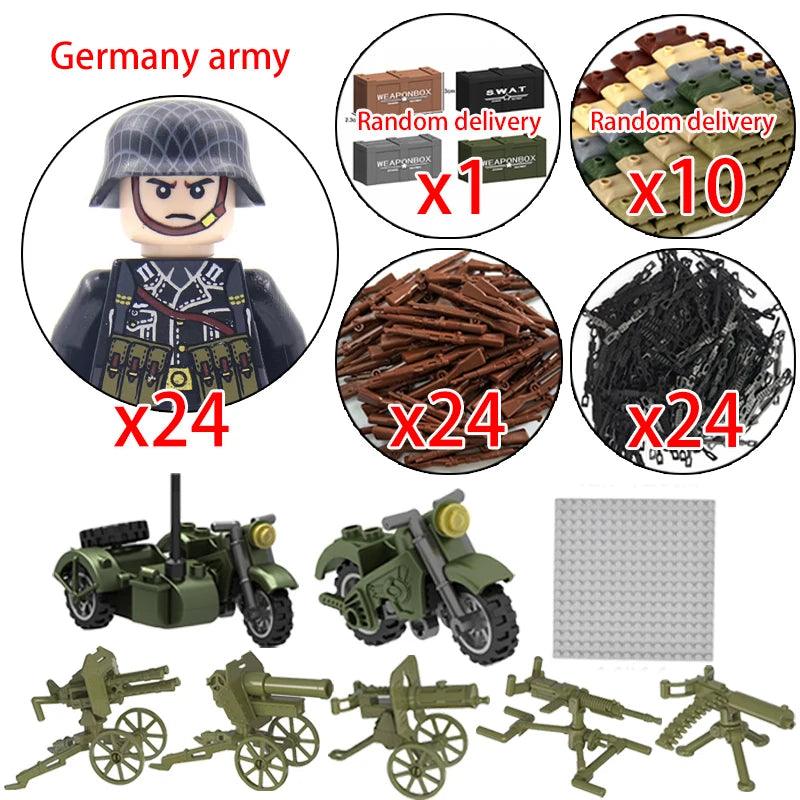 Children Toys Mini Military Figures Building Blocks WW2 UK French US Germany Soviet Army Soldiers Machine Gun Set Bricks Model - NTKSTORE