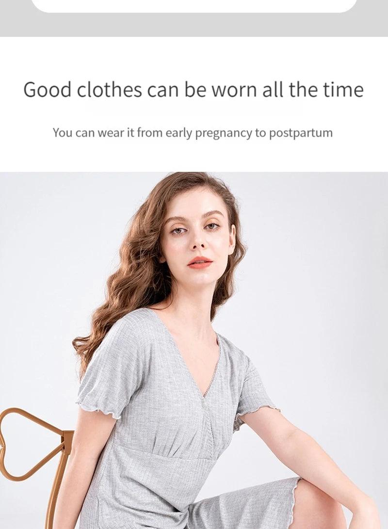 Modal Maternity Clothes Breastfeeding Nightgowns Nursing Sleepwear Hospital Loose Fitting Breast Feeding Pajamas Pregnancy Dress - NTKSTORE