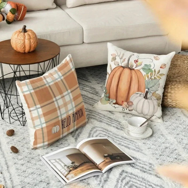 Hello Fall Hello Pumpkin Throw Pillow Covers, Autumn Thanksgiving Harvest Orange Eucalyptus Decorations for Sofa Couch Set of 4 - NTKSTORE