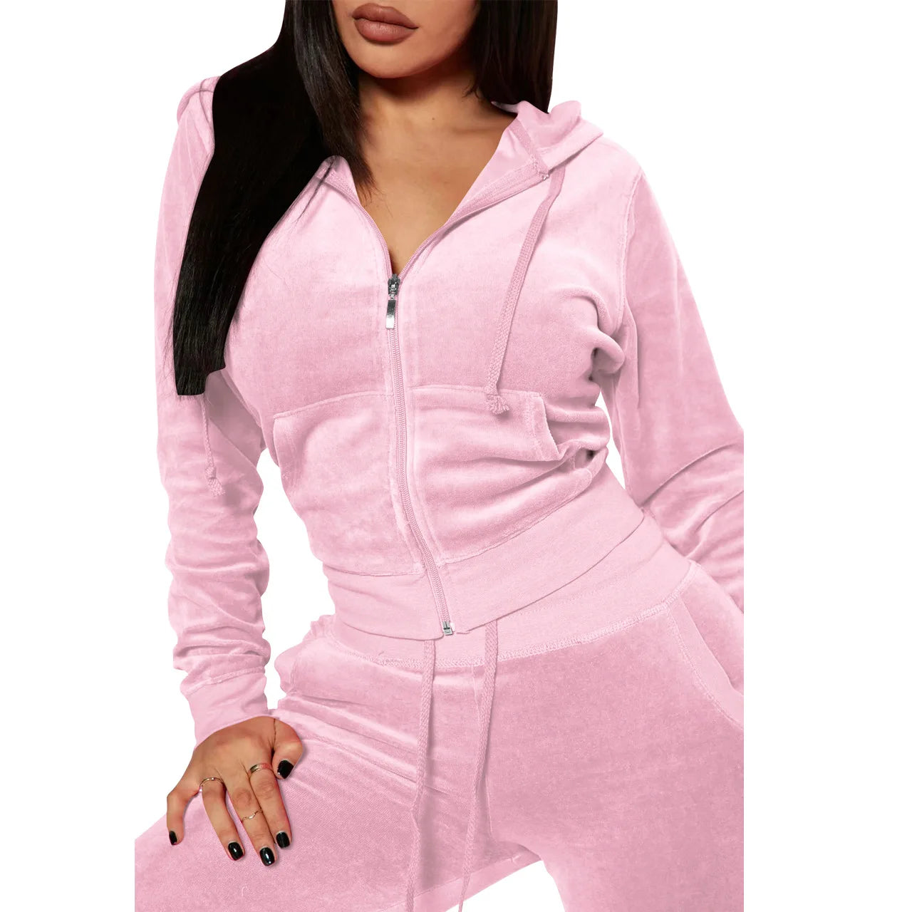 Womens Warm 2 Piece Outfits Velour Tracksuits Full Zip Hoodie And Drawstring Sweatpants Sweatsuits Sets Velvet Jogging Suit - NTKSTORE