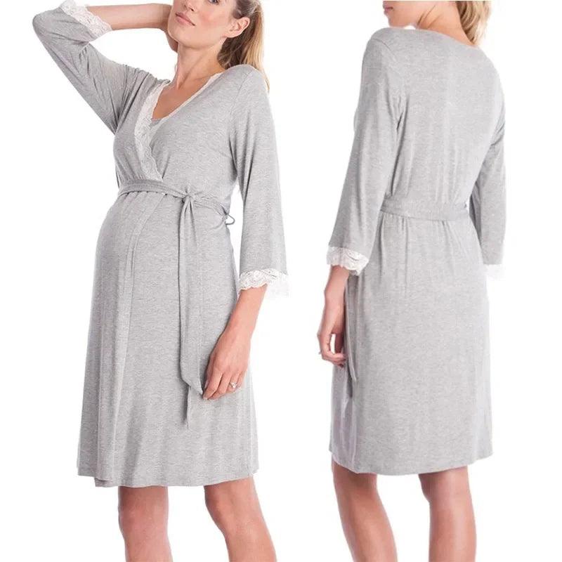 Fashionable and Comfortable Long Robe Pajamas Lace Patchwork Three Quarter Sleeved Maternity Dress Long Robe Pajamas - NTKSTORE