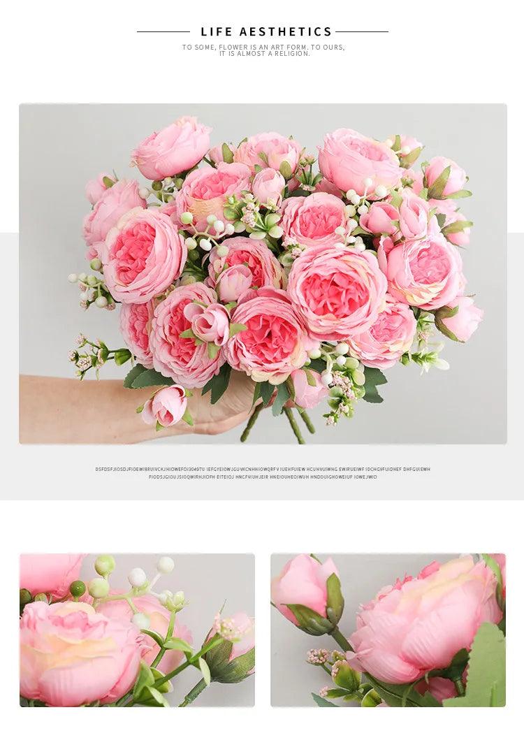 Hot Selling 1pcs/30cm Rose Pink Silk Bouquet Peony Artificial Flower 5 Big Head 4 Small Bud Bride Wedding Home Decoration Artifi - NTKSTORE