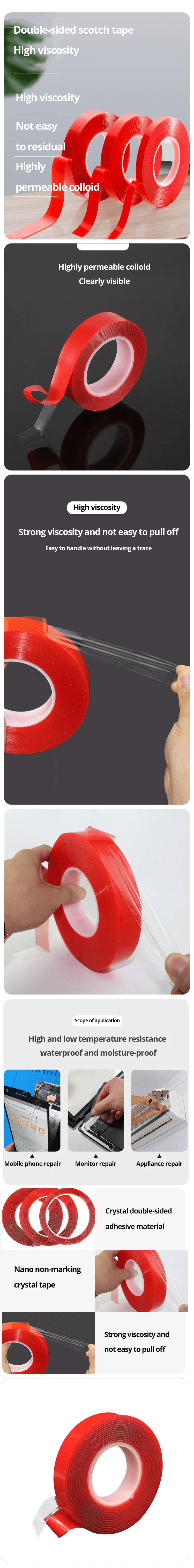 2pc Ultra Thin Transparent Red Film Double Sided Tape With HighTemperature Resistance No Marks Waterproof Adhesion Strong Adhes - NTKSTORE