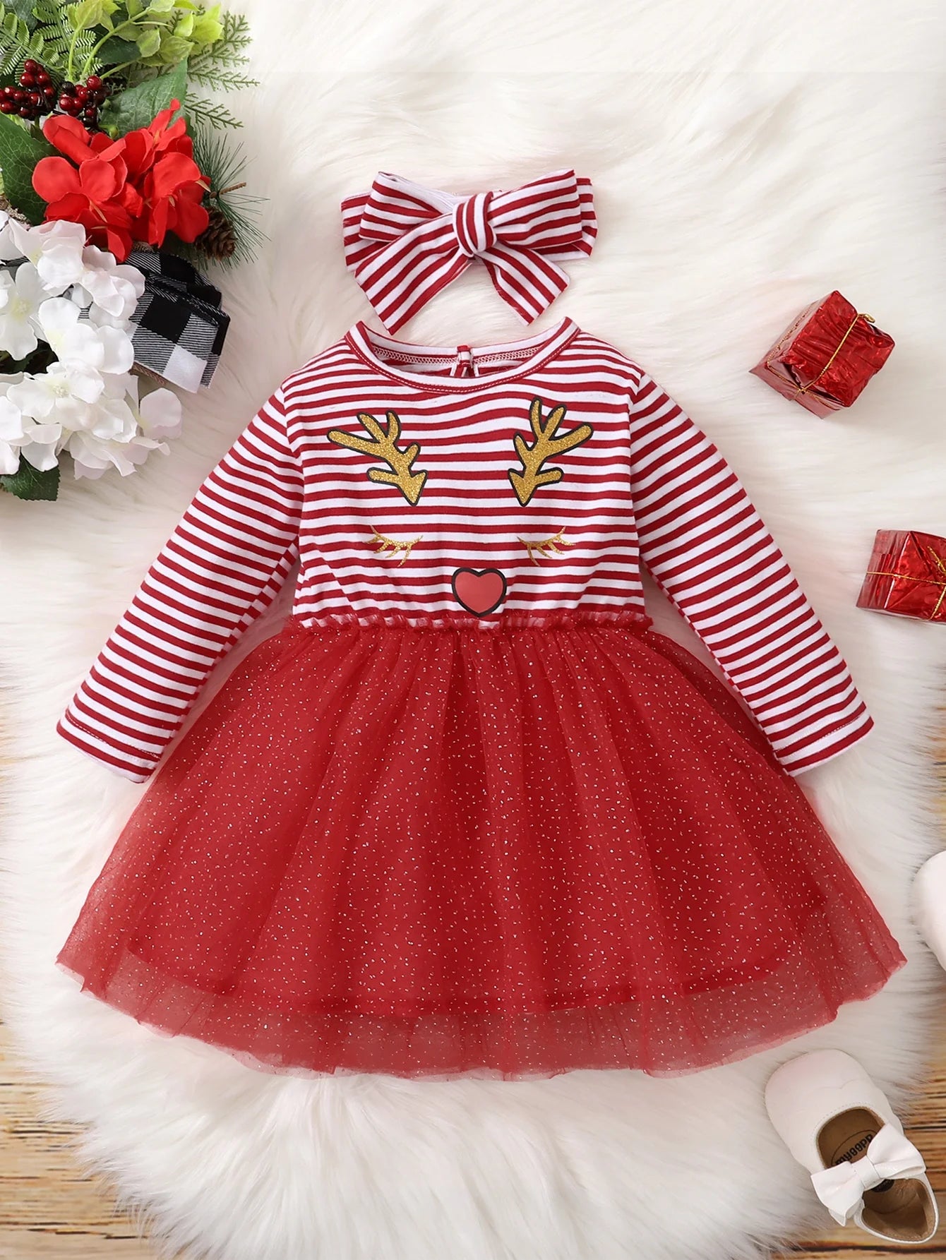 Baby Girl Autumn/winter Red Striped Christmas Deer Mesh Long Sleeved Dress - NTKSTORE