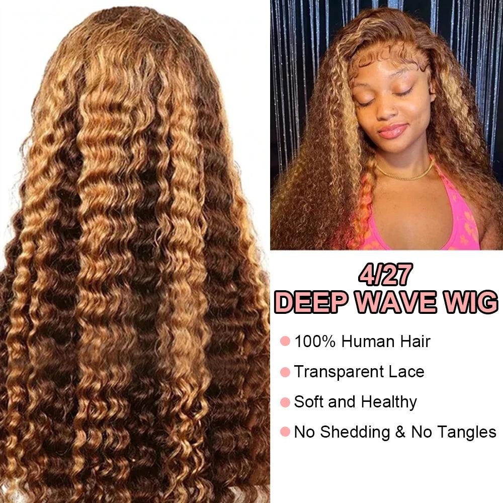 4/27 Ombre Colored Glueless Wig 13x4 Curly Human Hair Wigs Highlight Brazilian Remy Deep Wave Ready To Wear 7x5 Lace Closure Wig - NTKSTORE