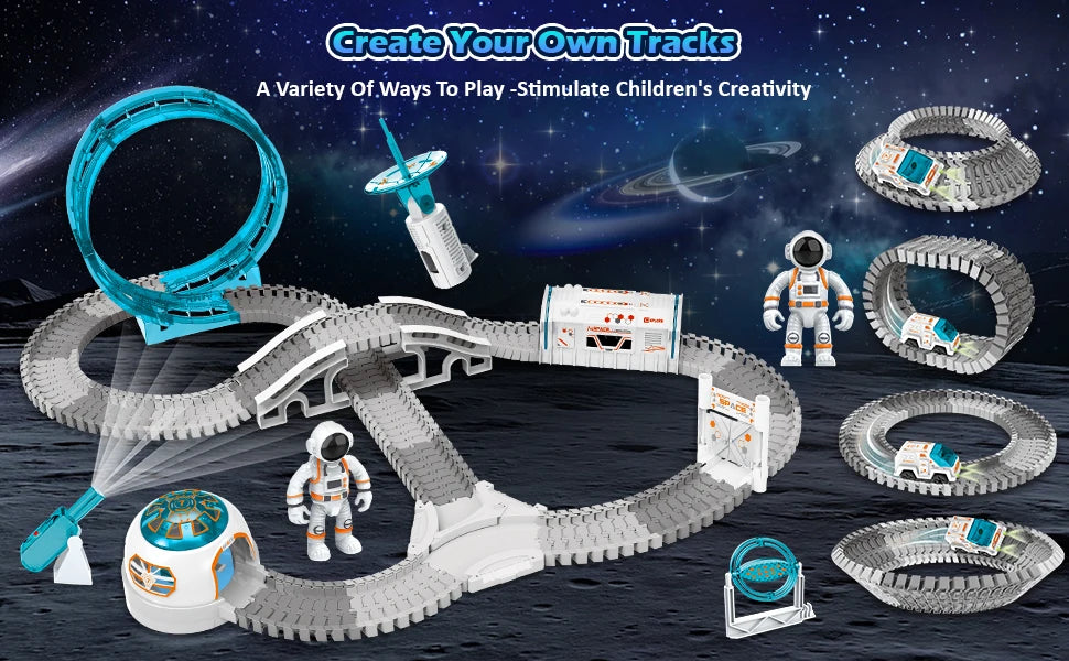 VATOS Create Space Track Toys for Kids DIY 205pcs Race Car Playset with Projector Astronaut Train Set STEM Educate Birthday Gift