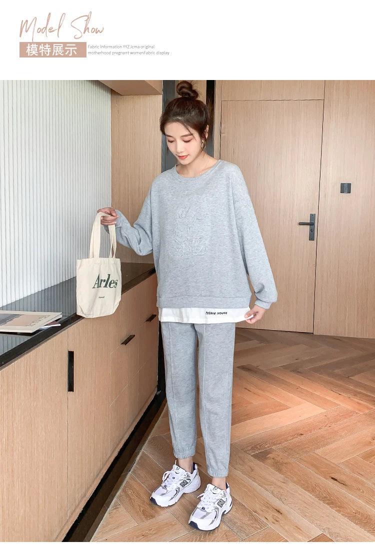 209 Spring Autumn Sports Casual Cotton Maternity Clothing Sets Sweatshirt Belly Pants Suits Clothes for Pregnant Women Pregnancy - NTKSTORE