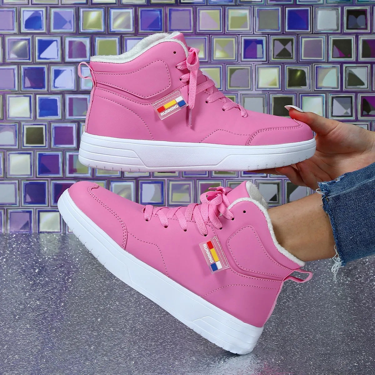 Couples Trend Color Matching Warm Winter Short Fluffy Casual High Top Sports Shoes Fashion Outdoor Shoes
