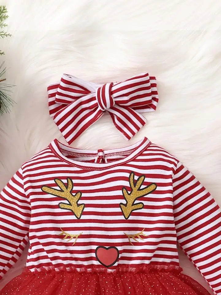 Baby Girl Autumn/winter Red Striped Christmas Deer Mesh Long Sleeved Dress - NTKSTORE