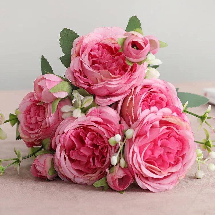 Hot Selling 1pcs/30cm Rose Pink Silk Bouquet Peony Artificial Flower 5 Big Head 4 Small Bud Bride Wedding Home Decoration Artifi - NTKSTORE