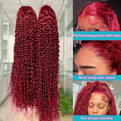 250 Density 30 40 Inch 99J Burgundy Deep Wave 13x4 Lace Front Human Hair Wig 13x6 Lace Frontal Red Curly Wigs Remy For Women - NTKSTORE