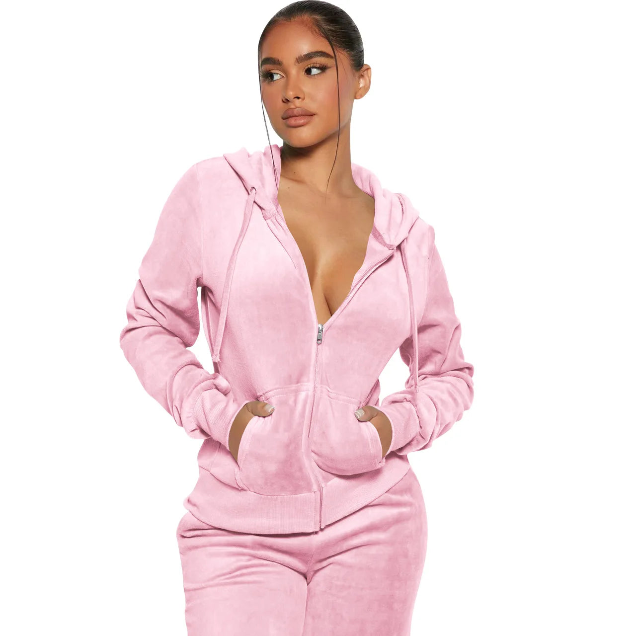 Womens Warm 2 Piece Outfits Velour Tracksuits Full Zip Hoodie And Drawstring Sweatpants Sweatsuits Sets Velvet Jogging Suit - NTKSTORE