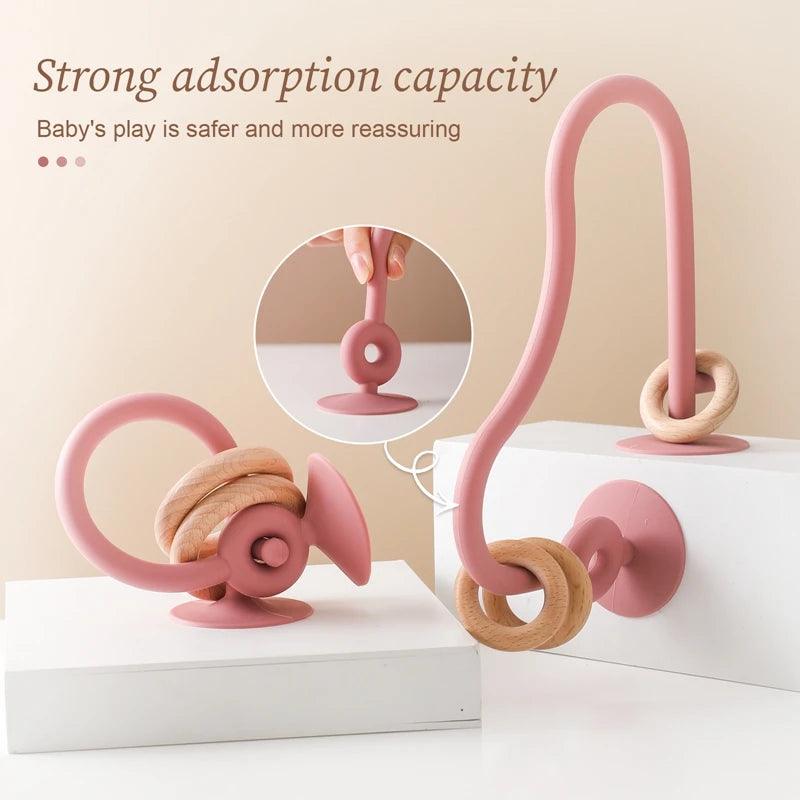 Baby Wood Ring Soft Silicone Teether Toys Kids Bitable BPA Free Teether Desktop Adsorbable Surround Montessori Puzzle Toys Gifts - NTKSTORE