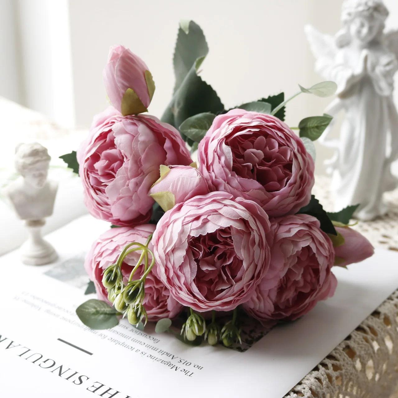 Hot Selling 1pcs/30cm Rose Pink Silk Bouquet Peony Artificial Flower 5 Big Head 4 Small Bud Bride Wedding Home Decoration Artifi - NTKSTORE