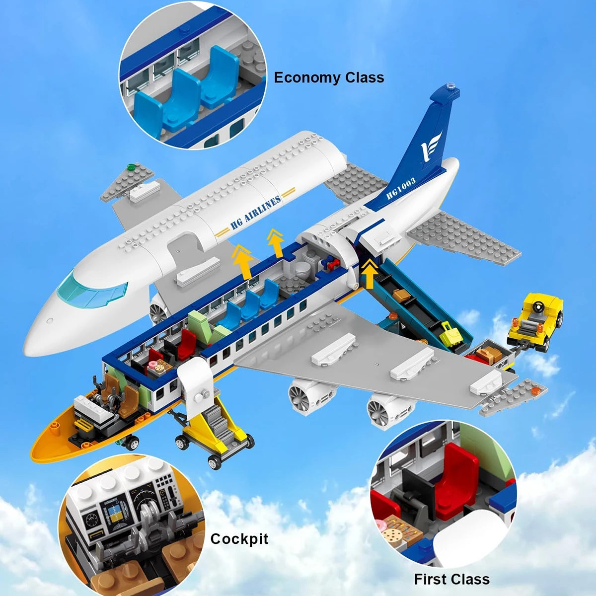 HOGOKIDS Airplane Building Set with LED, Plane Building Blocks with Airport Terminal Luggage Trailer Toys Gifts for Kids Age 6+ - NTKSTORE