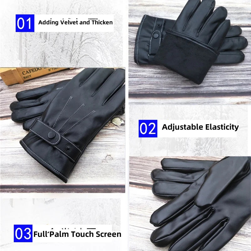 Winter Cycling PU Leather Gloves Outdoor Men Women Motorcycle Waterproof Warm Thick Riding Electric Car Warm Non-Slip Gloves - NTKSTORE