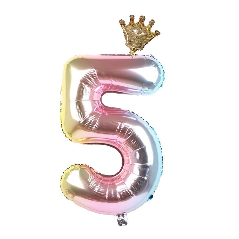 2pcs 32inch Rainbow Number Foil Balloons with Crown for Kids Boy Girl 1st Birthday Party Decorations Rose Gold Figures Globos - NTKSTORE