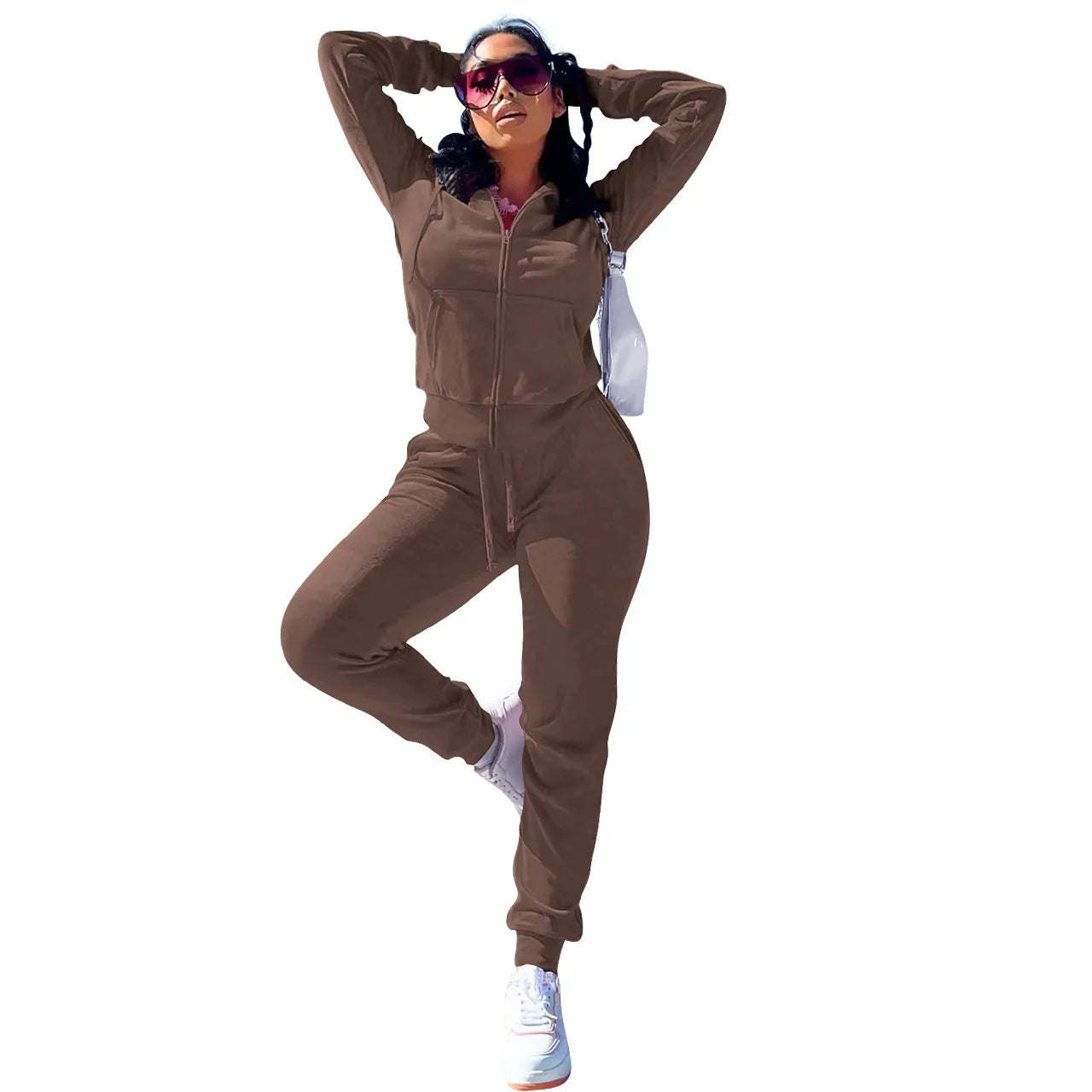 Womens Warm 2 Piece Outfits Velour Tracksuits Full Zip Hoodie And Drawstring Sweatpants Sweatsuits Sets Velvet Jogging Suit - NTKSTORE