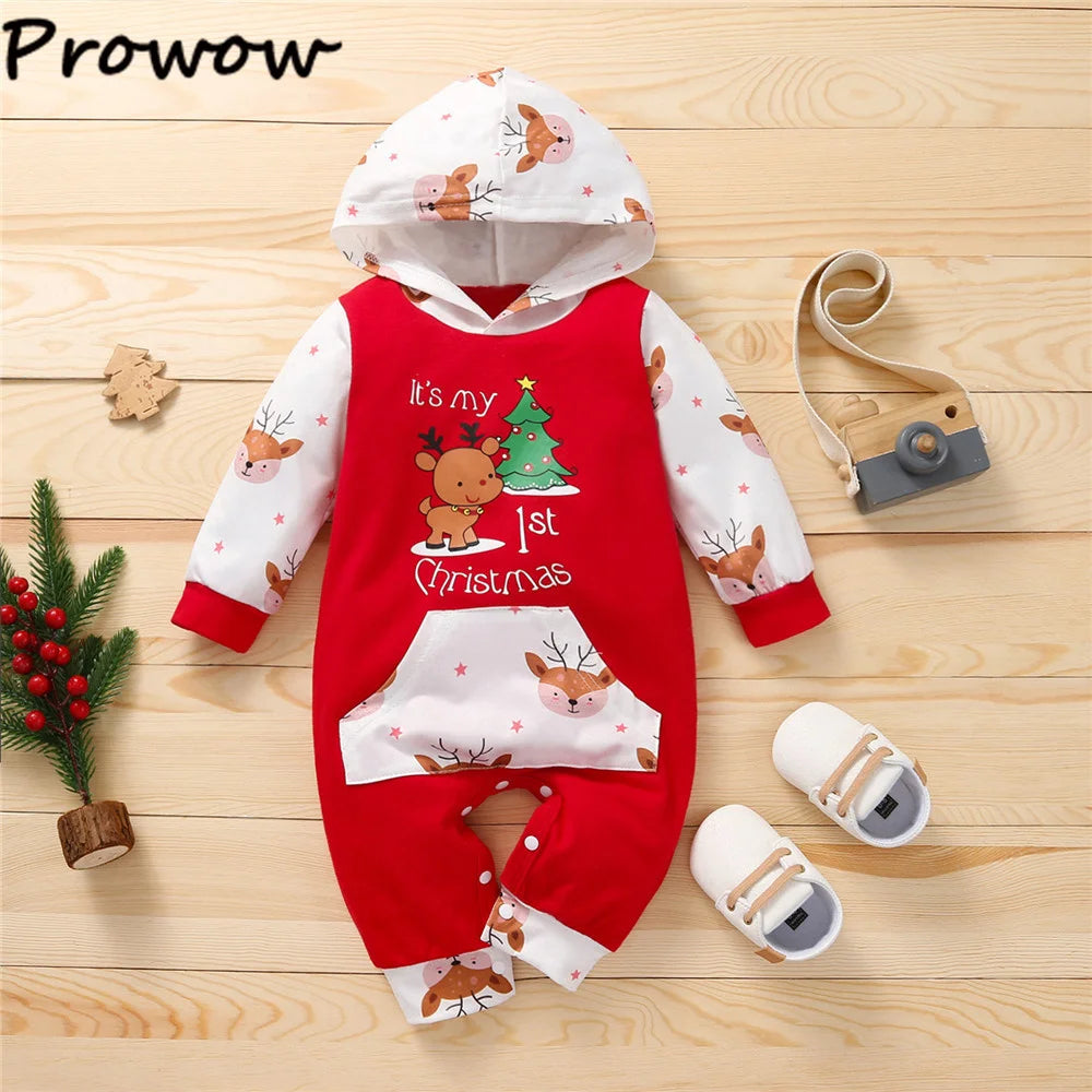 Prowow My First Christmas Baby Romper Green Xmas Tree Bodysuit For Infants Newborns 2024 New Year Baby Costume