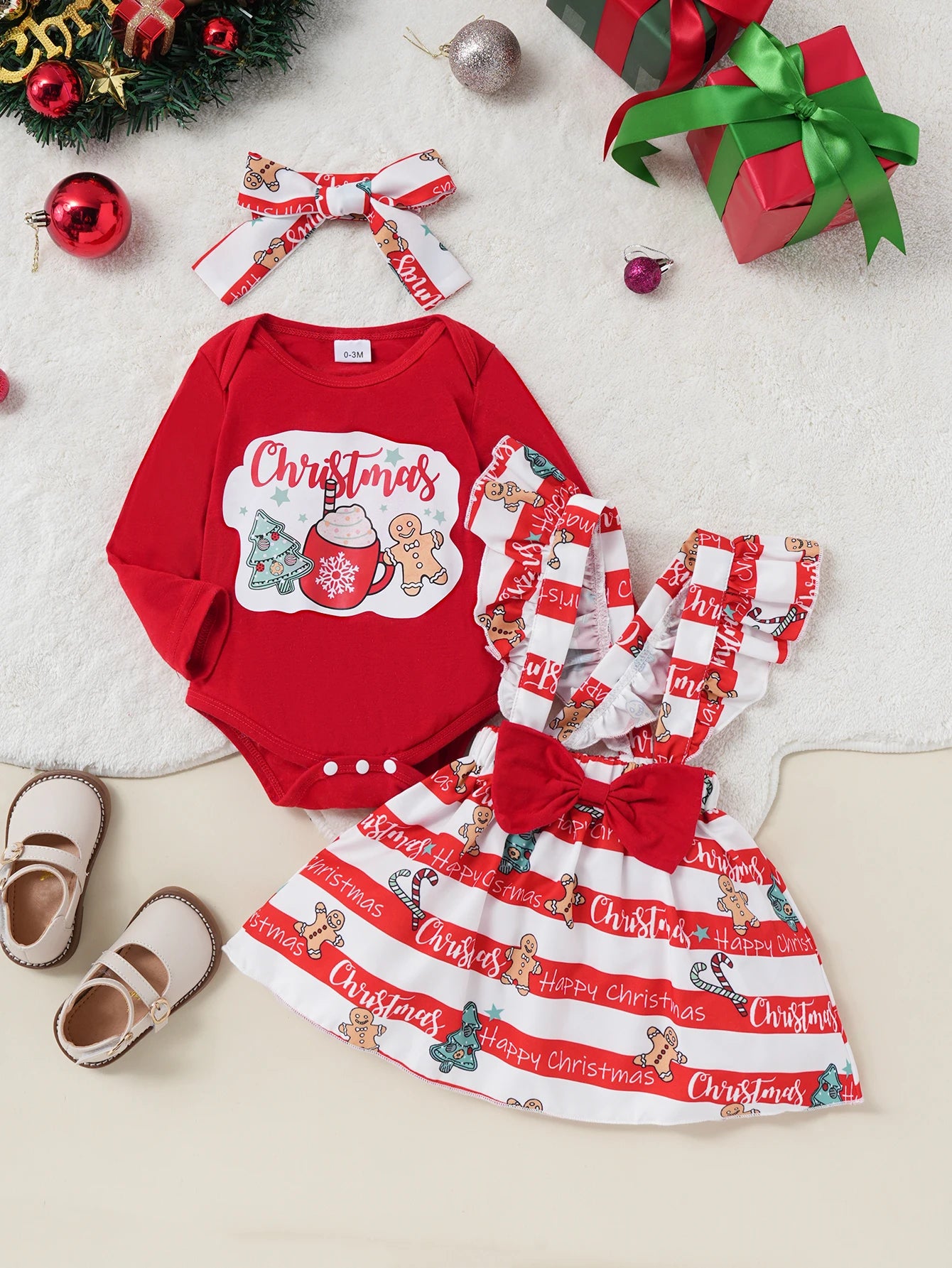 Girls Christmas Cute fashion Cartoon Striped Ruffled Cross Strap Skirt with Printed One-piece Triangle Clothes and Headscarf 3-piece Set